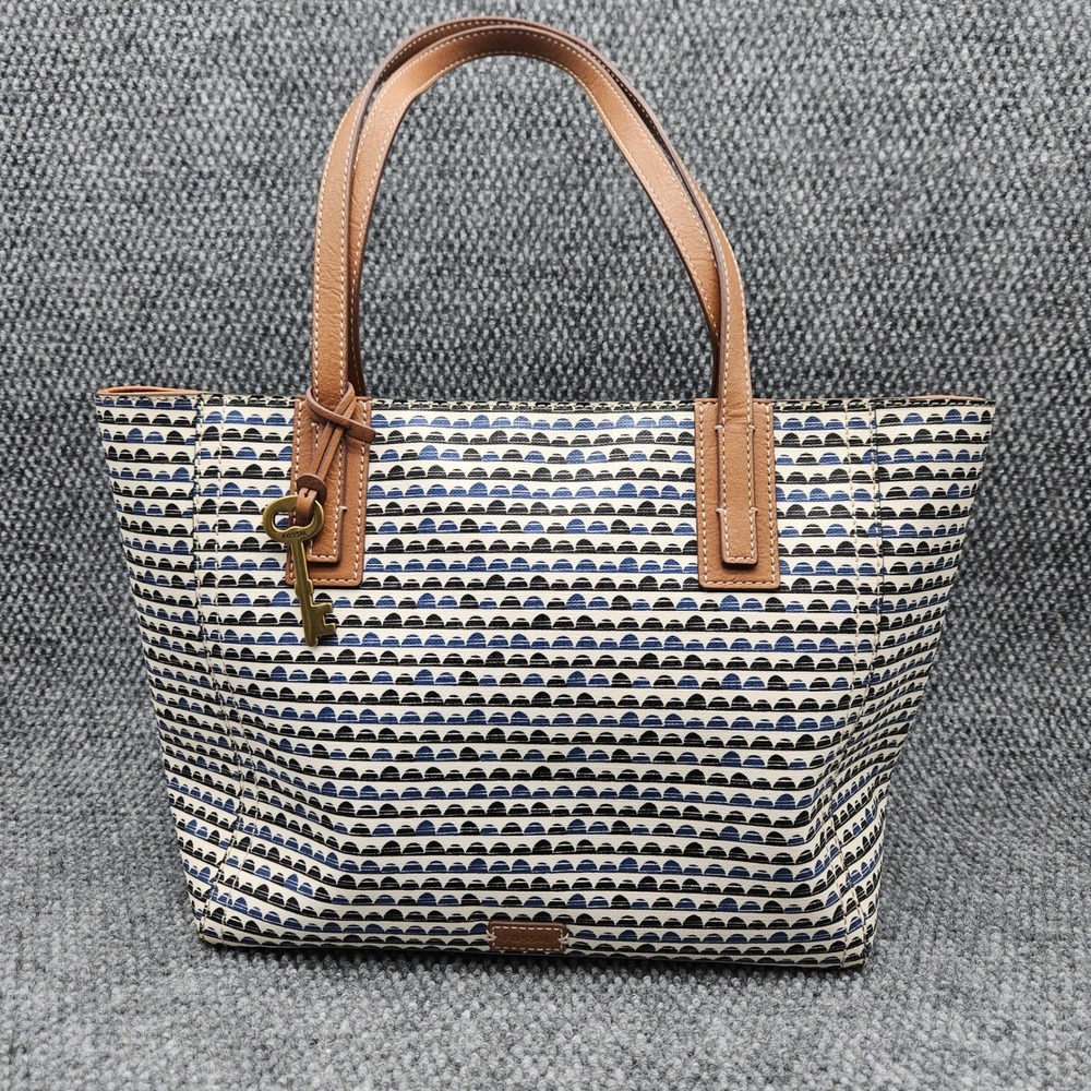 Fossil Emma Tote Bag Coated Canvas Geometric Handbag Purse Travel Leather Handle
